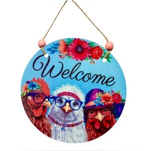 Chickens Welcome Floral Multicolor Round Metal Sign Door Wall Decor